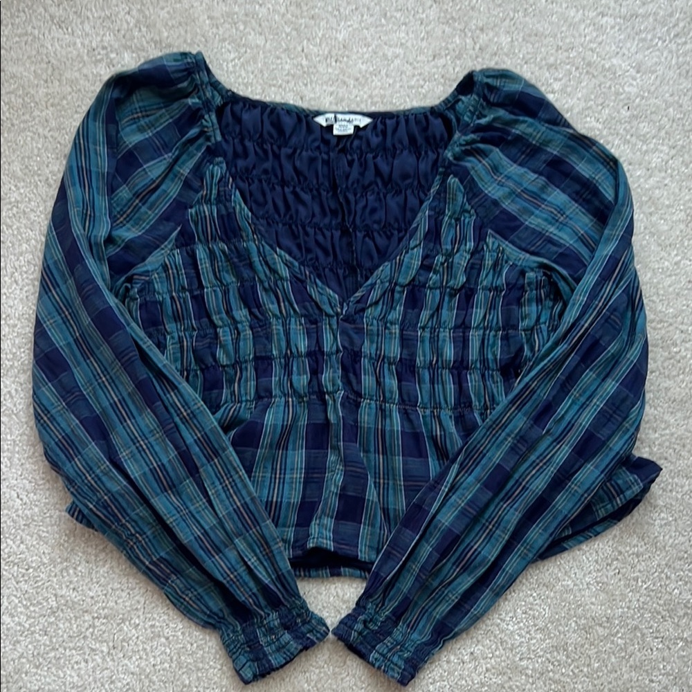 American Eagle Outfitters Green and Navy Plaid Long-Sleeve Peasant Blouse